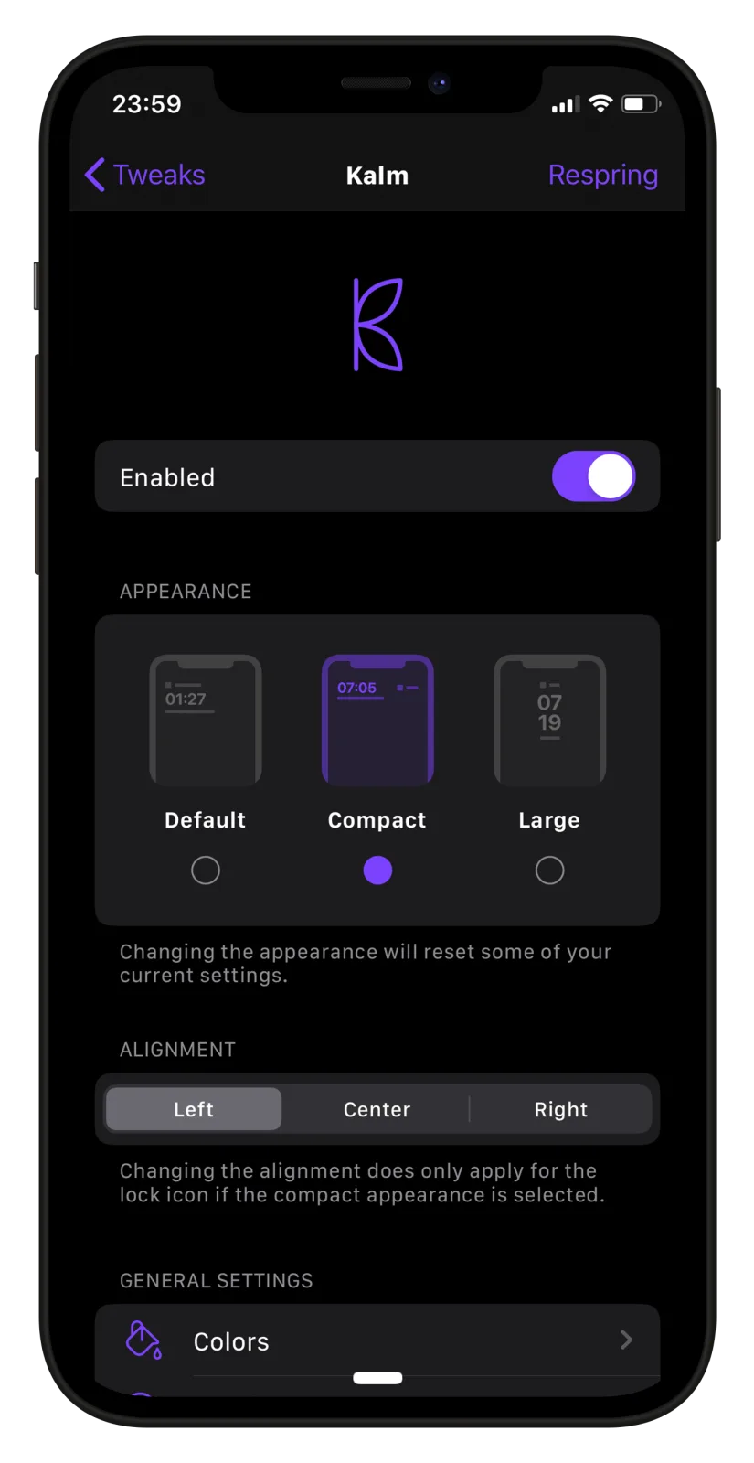 Kalm lock screen displayed over a dark landscape wallpaper