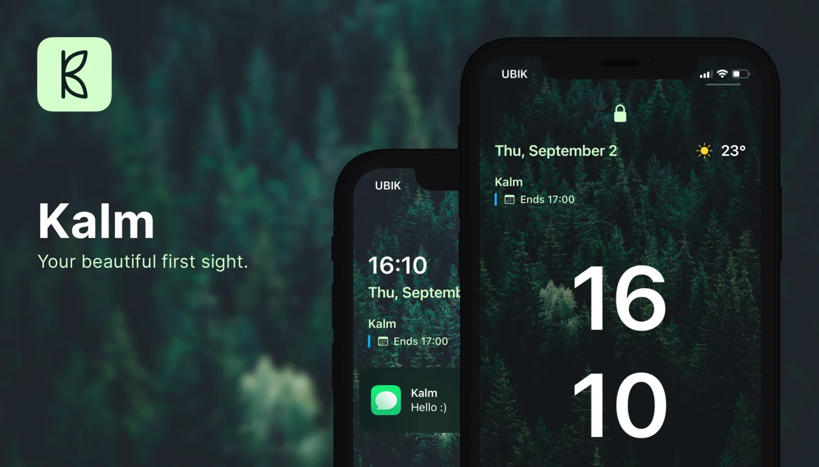 Kalm lock-screen design showing time, date, weather and upcoming events
