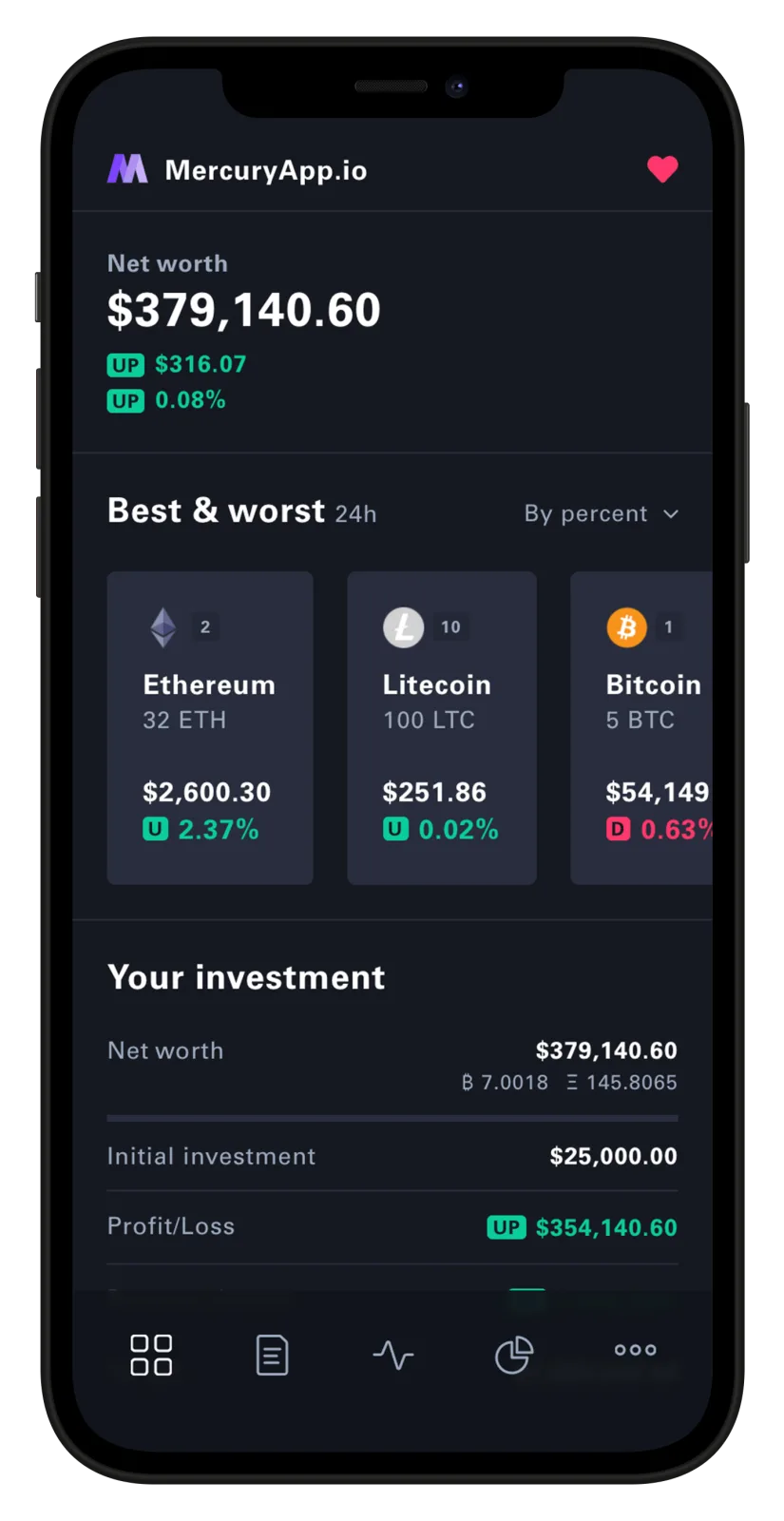 MercuryApp mobile portfolio dashboard with balances and assets