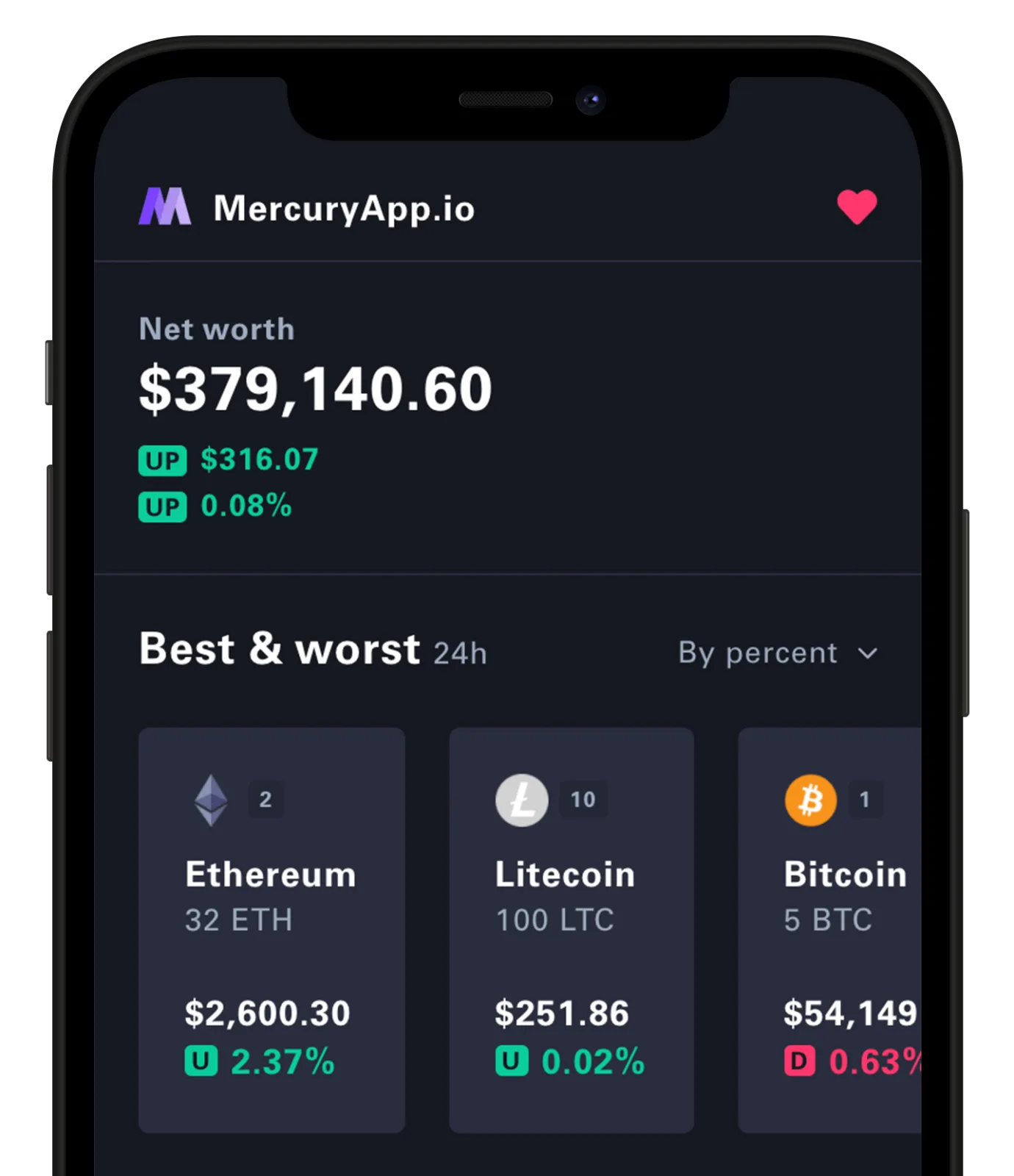 MercuryApp privacy setup and portfolio overview screens